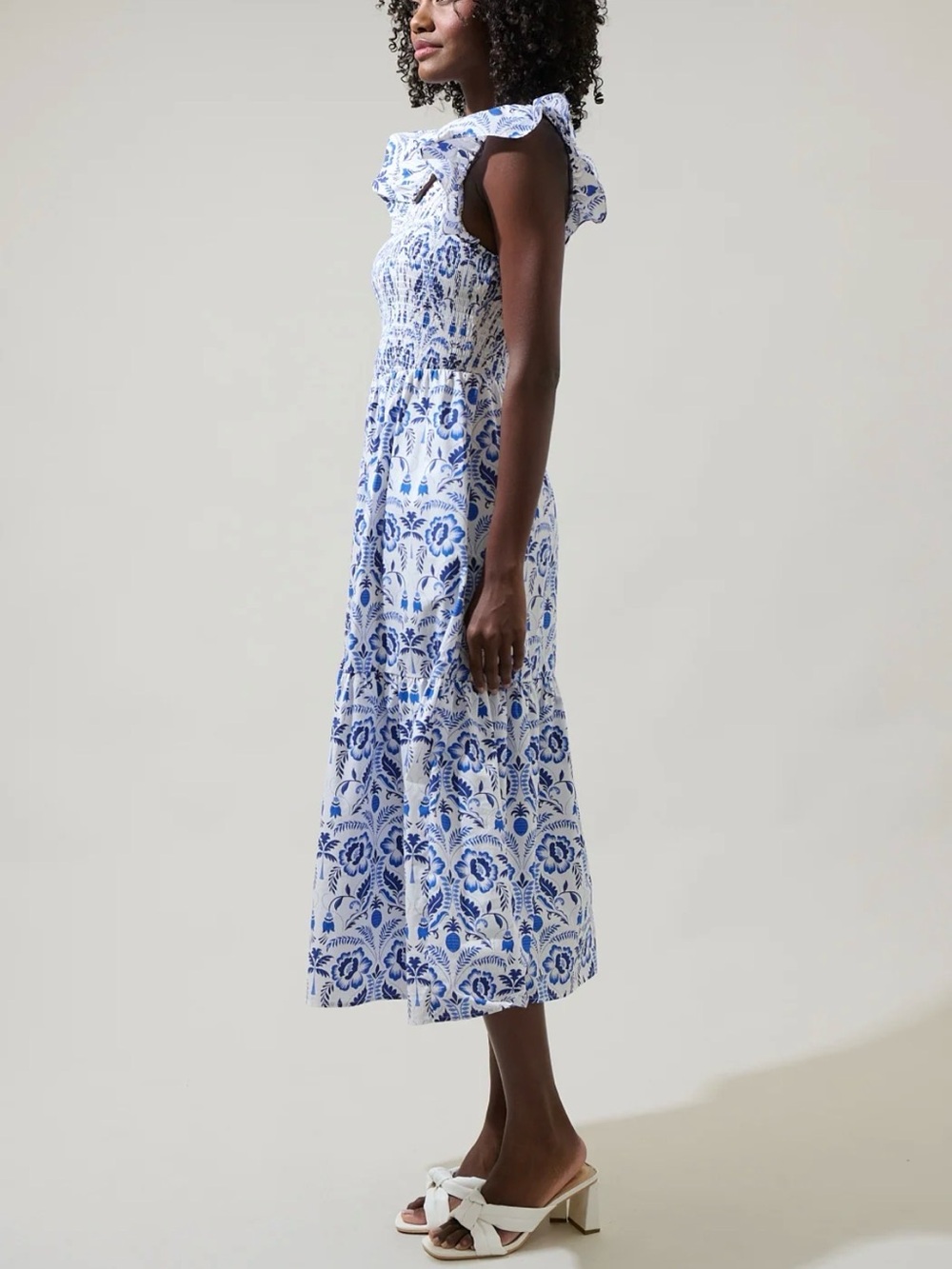 Sugar Lips Marisol Floral Giza Glare Smock Tiered Midi Dress Blue White NWT S - Picture 4 of 10